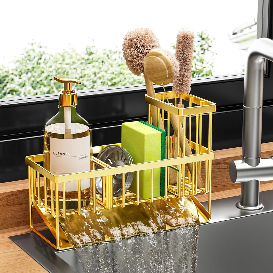 Cisily Gold Kitchen Sink Caddy Organzier with High Brush Holder, Sponge Holder for Sink, 304 Rustproof Stainless, Kitchen Countertop Soap Dispenser Organizer, Home Decor and Accessories (9.25)