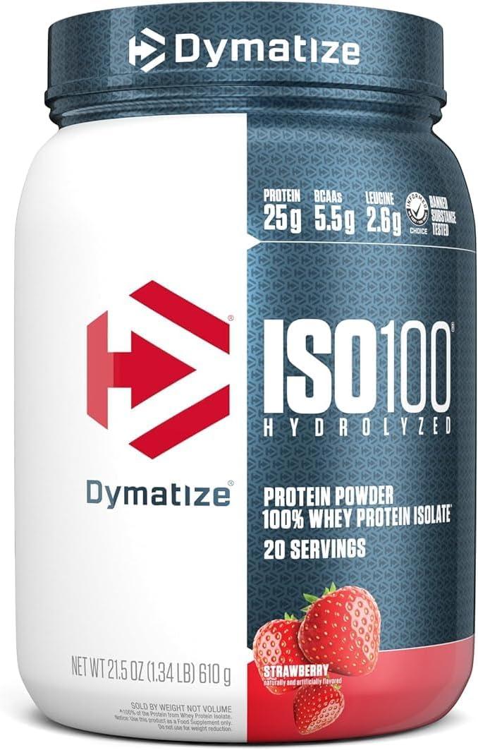 Dymatize ISO100 Whey Protein Powder Isolate, Strawberry, 25g of Protein, 20 Servings, 5.5g BCAAs, Less Than 120 Cal., Gluten Free, 1g Fat, 1g Sugar, 2g Carb (1.34 Pound (Pack of 1))(Exp: 04/2027)