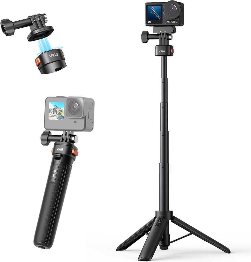 VRIG AC-04 20.8" Extendable Selfie Stick Tripod for GoPro Camera,Magnetic Quick Release Tripod for DJI OSMO Action 5Pro/4/3,GoPro Hero13 12 11 10 9,Insta 360 X5/x4/x3, Fathers Day for Gifts