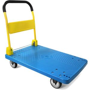 MaxWorks 50888 PP Foldable Heavy Duty Platform Truck Push Dolly 770-lbs Capacity Blue Platform with Yellow Handle - Ideal for Home Garden Office Workshop Warehouse and Moving
