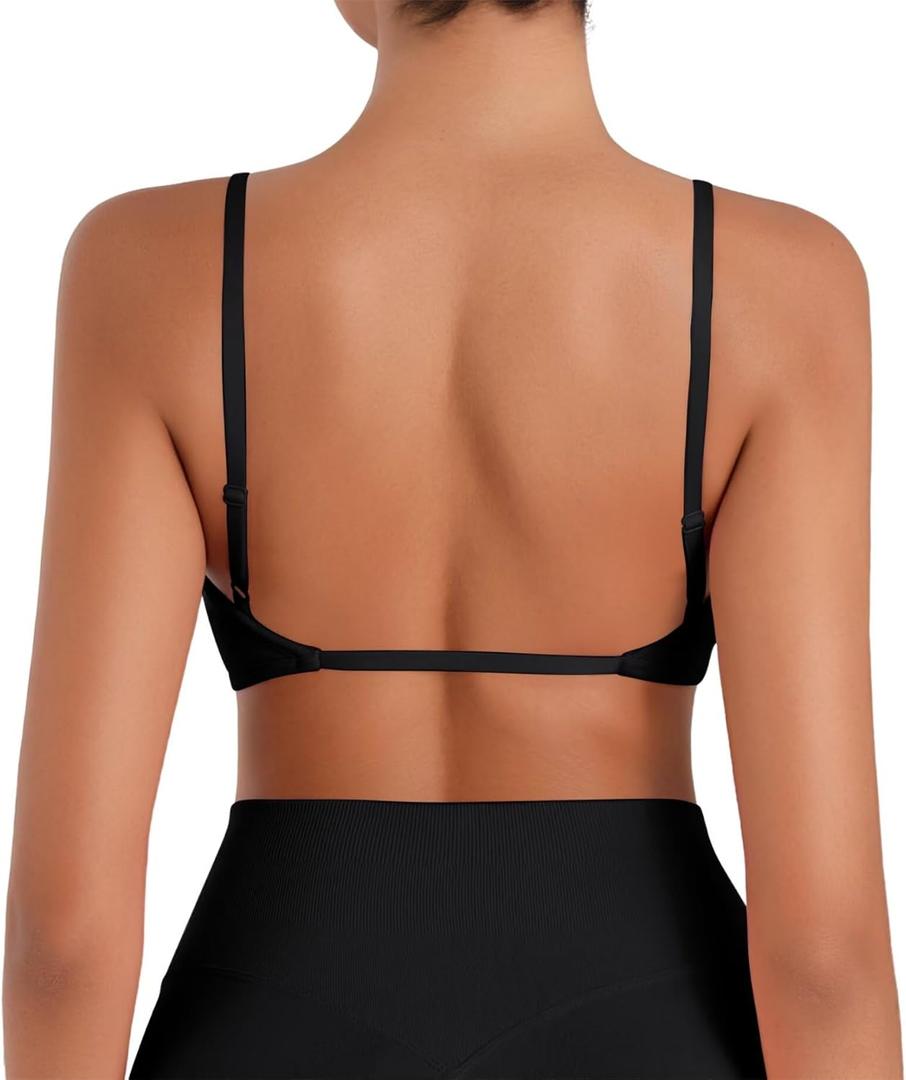 Sunzel Women's Open Back Sports Bra Adjustable Spaghetti Strap Seamless Low Impact Workout Gym Yoga Bra with Removable Pads (Medium, Black)