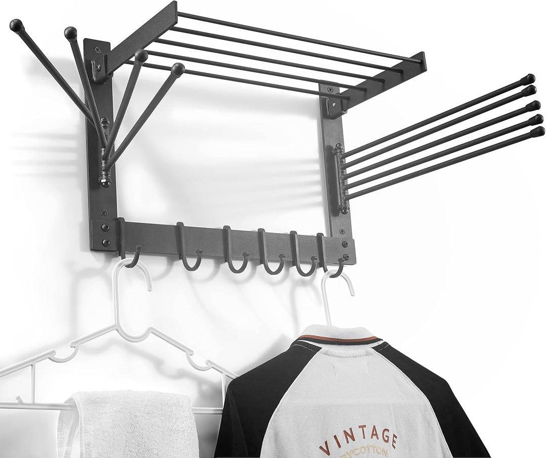 BATODA Wall-Mounted Steel Clothes Drying Rack - Swivel Towel Hanger for Laundry Room & Bathroom - Space Saver (Steel) (black)