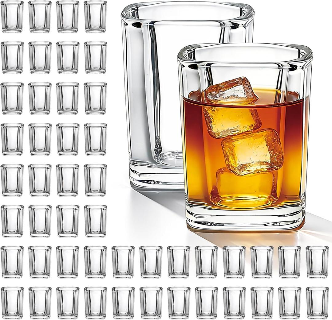 Flrolove 48 Pack Shot Glasses Bulk, 2.2 oz Clear Heavy Base Shot Glass, Whiskey Shot Glasses for Christmas Gift, Mini Square Shot Glass Set for Tequila, Vodka, Spirits & Liquors, Cocktail, Whiskey