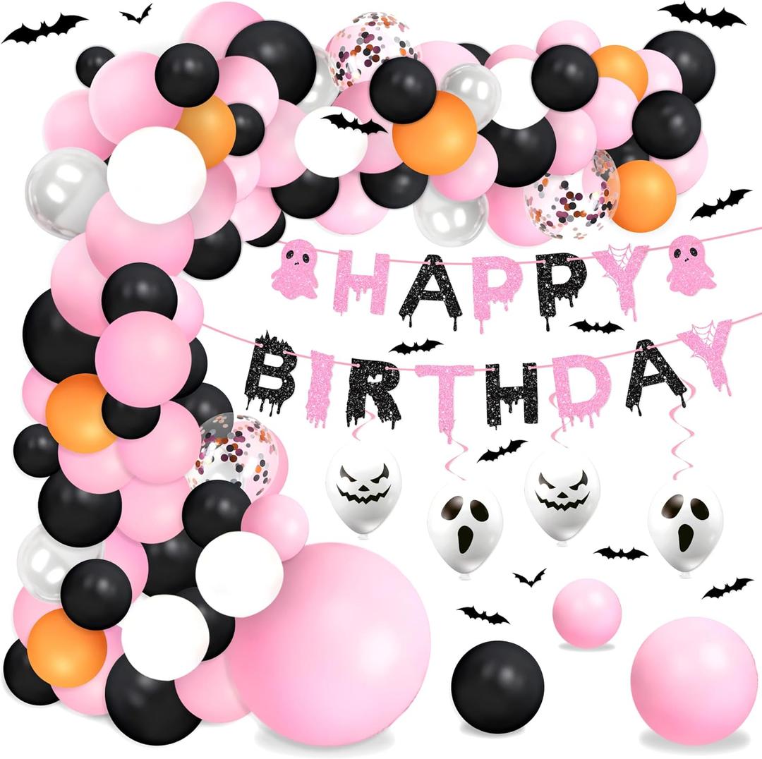 Halloween Pink Birthday Party Decorations Balloon Arch Foil Balloon Banner Bat Hanging Swirl for Halloween Happy Boo Day Baby Shower Party Supplies