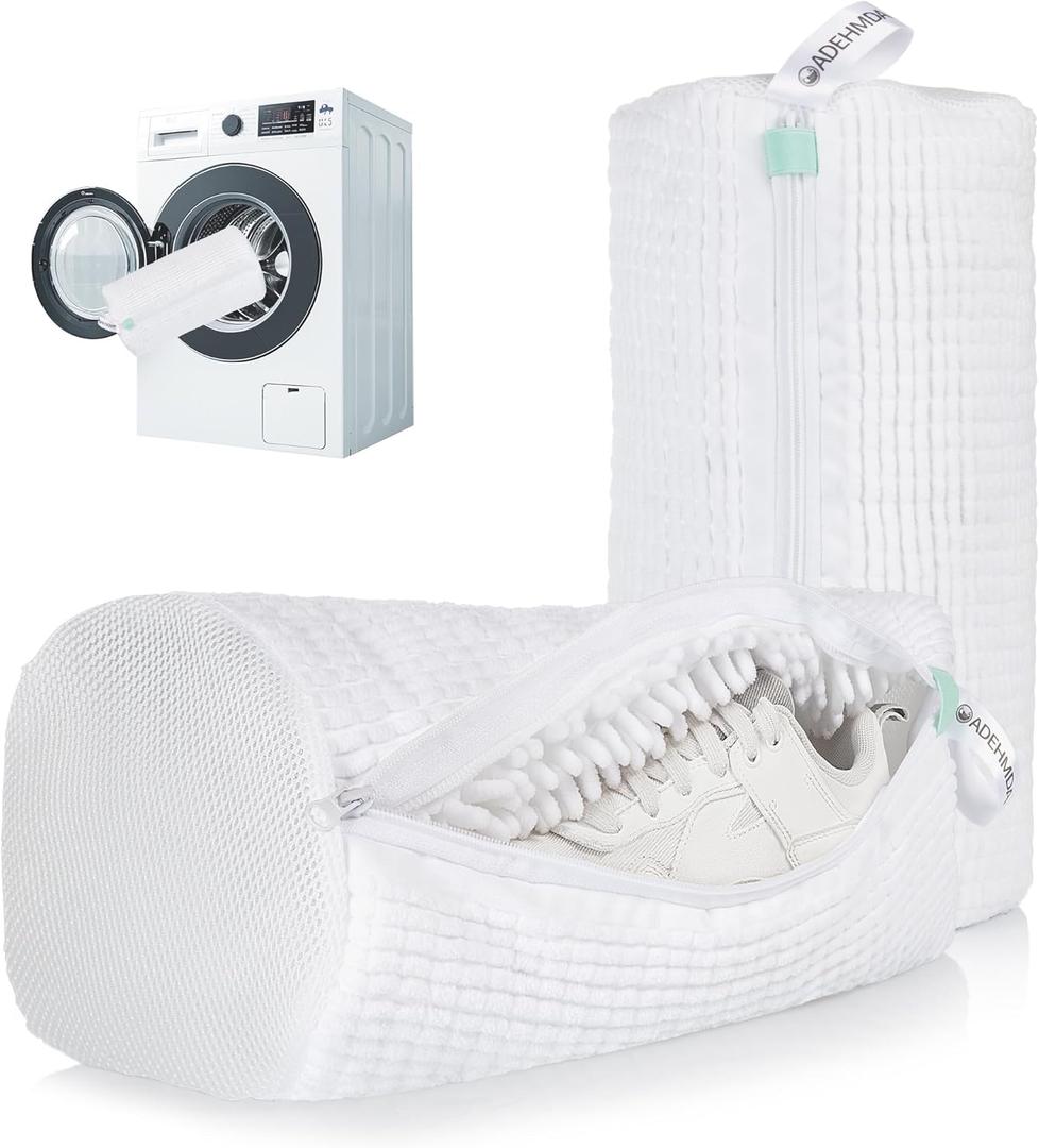2Pcs Shoe Washing Machine Bag, Sneaker Laundry Bag for Washing Machine, Extra Long and Thick Microfibre Fluff, Reusable for Washer and Dryer (2pcs, White) (BAISE01)