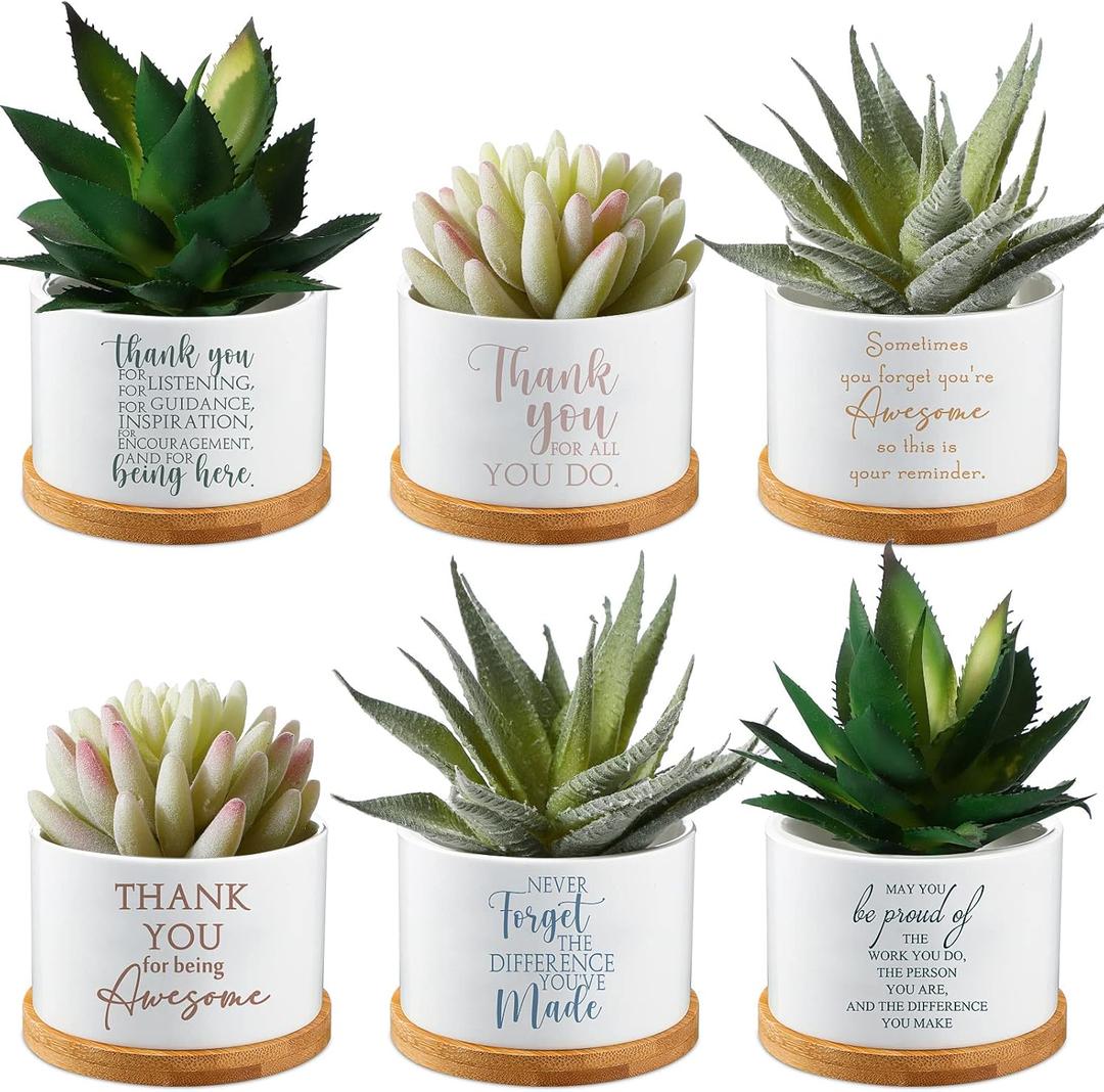 Unittype 6 Pcs Teacher Appreciation Gift Thank You Ceramic Succulent Mini Planter with Tray Office Desk Decor CNA Week Gifts for Employee Volunteer Teacher Nurse, Plants Not Included