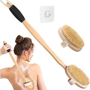 Wood Body Brush Set,19.3 Long Handle Bath Body Back Scrubber Soft & Stiff Bristles Detachable 2 Brush Heads Gentle Exfoliator Remove for Wet & Dry Use