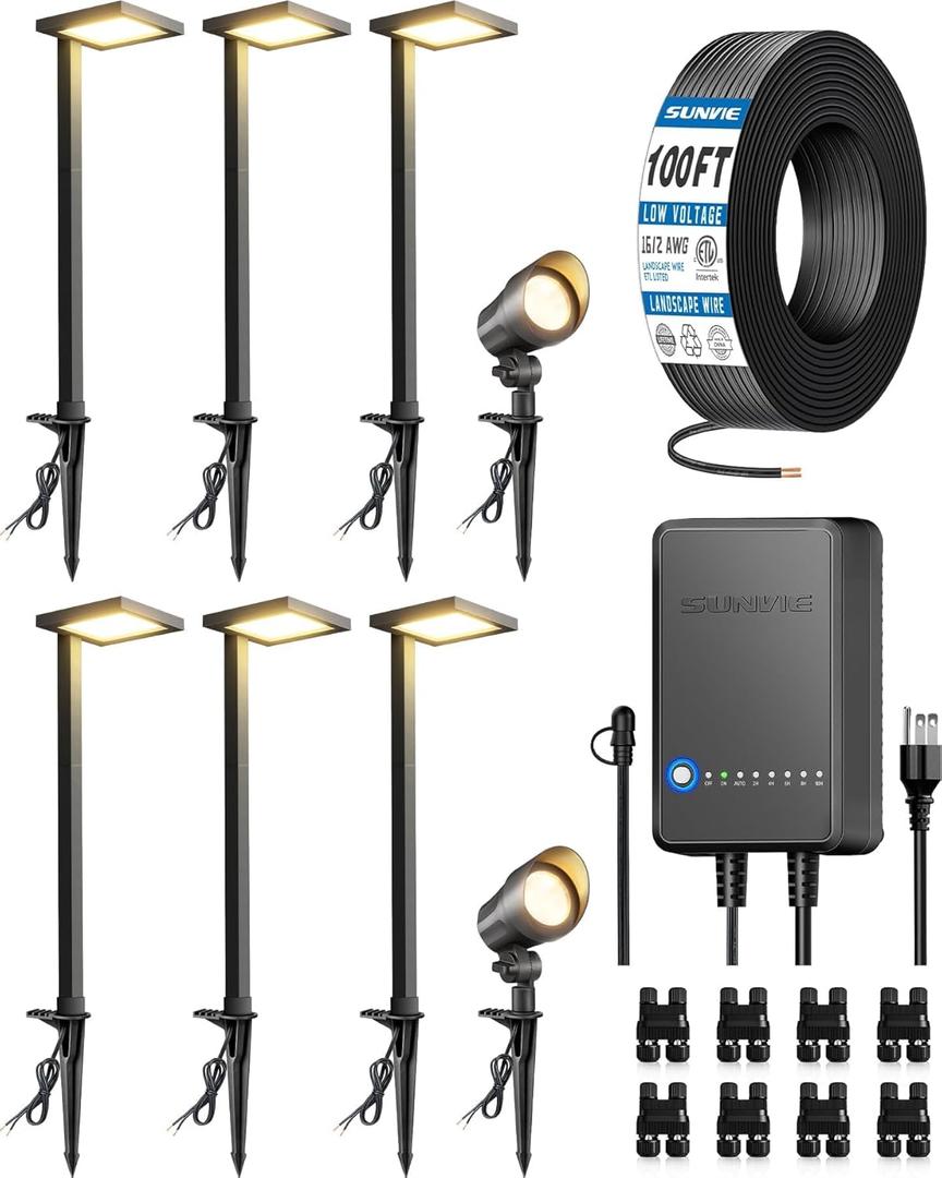 SUNVIE All-in-ONE Landscape Lighting Kit 6-Pack Anti-glare LED Pathway Lights, 2-Pack Spotlights, 60W Transformer, 100FT 16/2 AWG Wire and Connectors Outdoor Landscape Lighting for Walkway Garden Yard