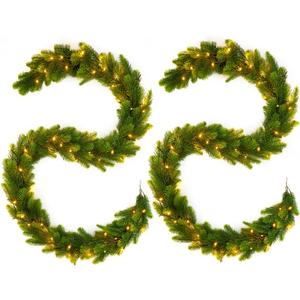 6FT 2PCS Real Touch Norfolk Pine Christmas Garland with Light Winter Artificial Faux Greenery Garland Table Mantle Stairs Fireplace Wall Outdoor Indoor Porch Home Decorations (Battery Not Included)