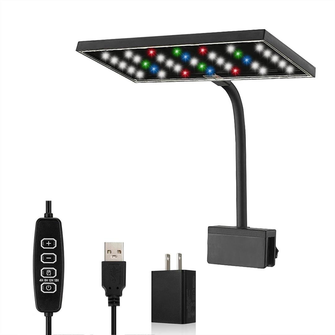 Carefree Fish Aquarium LED Light USB 5V2A RGBW 5730 Timmer 5~25Gal Fish Tank Clip Light 10 Brightness Levels 15W with USB Port (Include UL Certification Power Adapter)