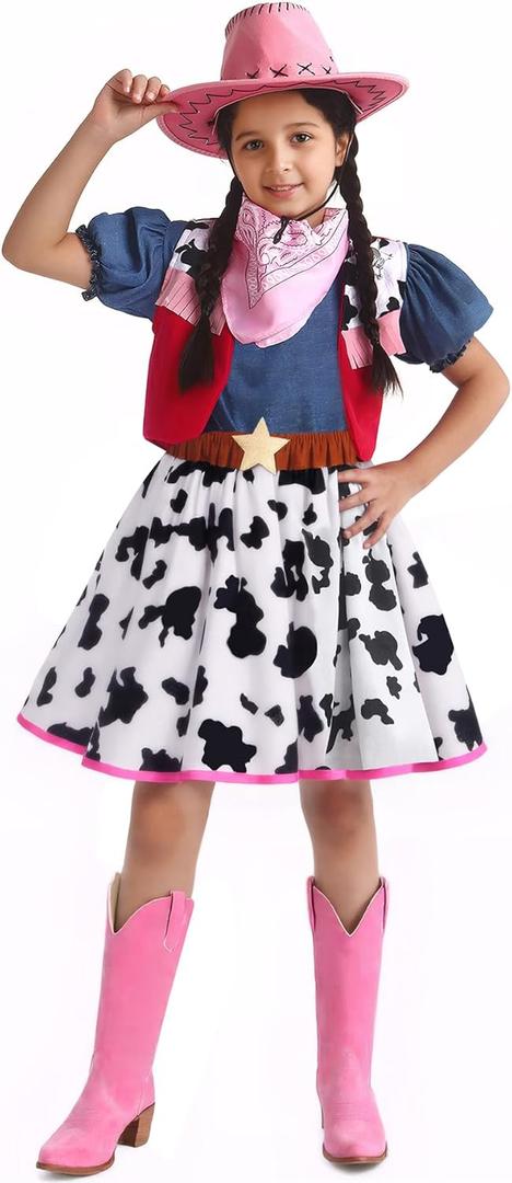Doxrmuru Cowgirl Costume for Girls Halloween Western Rodeo Dress Up Outfit with Cowgirl Hat 3-10 Years (5-6 Years)