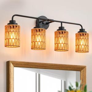 Bathroom Vanity Light, 4-Lights Boho Bathroom Light Fixtures Over Mirror with Rustic Handwoven Shades 30 inch Farmhouse Wall Sconce Lighting, 30.3 inch