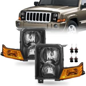 Headlights Assembly for 2006 2007 2008 2009 2010 Jeep Commander, Factory OE Replacement Halogen Headlamps with Bulbs, Black Housing Amber Reflector, Driver and Passenger Side