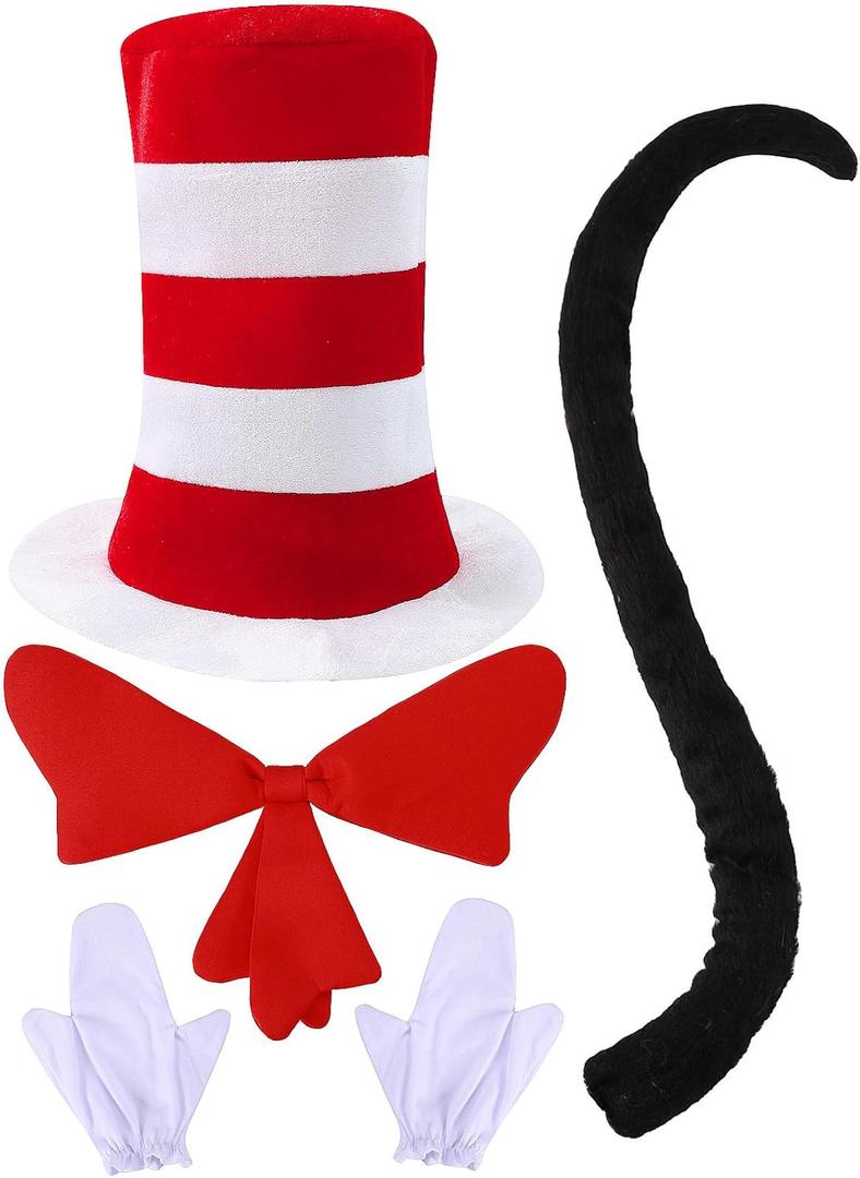 Funny World 4 Pcs Red White Striped Stovepipe Hat Costume Accessories Set for Adult