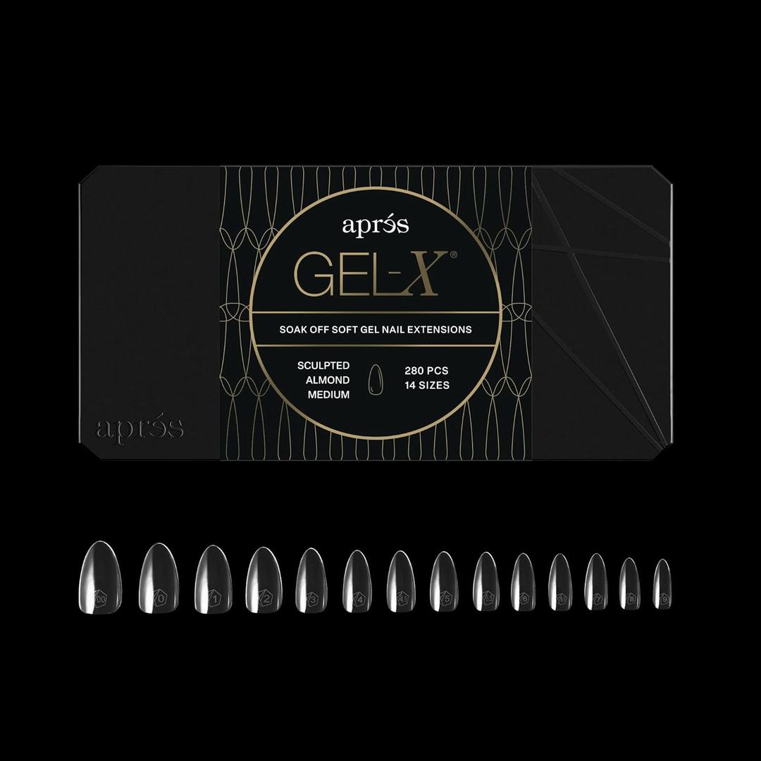 Apres Gel-X Almond Box of Nail Tips | 280 Gel-X Tips, Soft Tips, 14 Sizes 00-9 | Half-sizes Included (Sculpted Almond Medium, 280 Count)