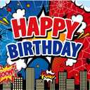 Spider Web Backdrop Decoration, 4.99x3.28ft Red & Blue Spider Web Metropolis Theme Happy Birthday Cartoon Banner for Boys Birthday Party Decoration