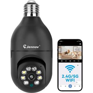 Jennov 2K Light Bulb Security Camera Wireless Outdoor, Indoor Light Socket Cameras for Home Security, Human Detection, 355, Color Night Vision, 5G/2.4G WiFi, Screw in, Compatible with Alexa