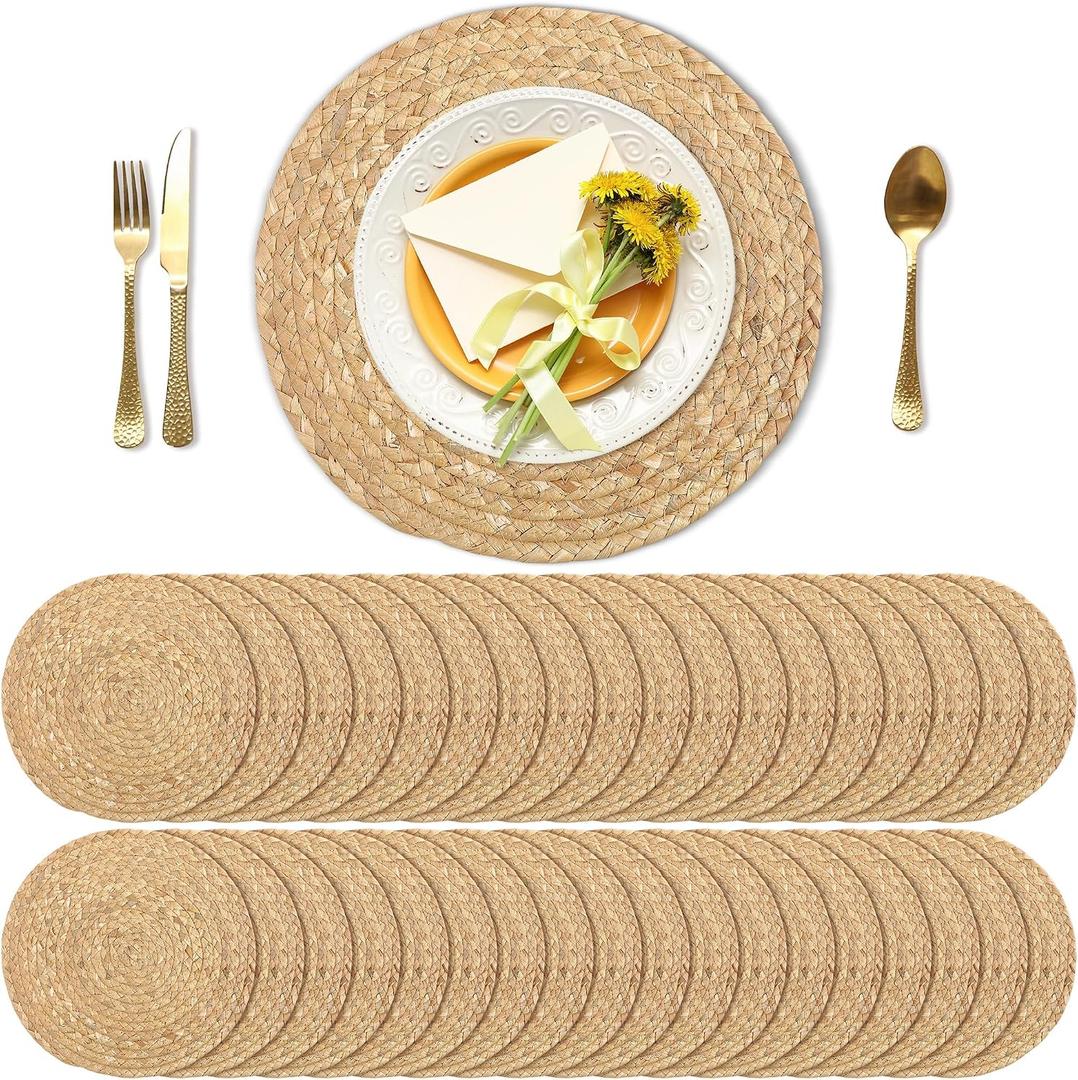 Kochorie Set of 36 Round Woven Placemats 12-Inch Natural Water Hyacinth Plant Placemats Hand-Woven Boho Rattan Placemat Wicker Weave Table Mats for Home Table Farmhouse