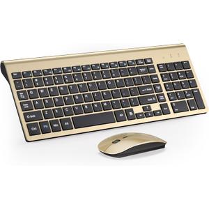 Wireless Keyboard and Mouse Ultra Slim Combo, TopMate 2.4G Silent Compact USB 2400DPI Mouse and Scissor Switch Keyboard Set with Cover, 2 AA and 2 AAA Batteries, for PC/Laptop/Windows/Mac - Gold Black