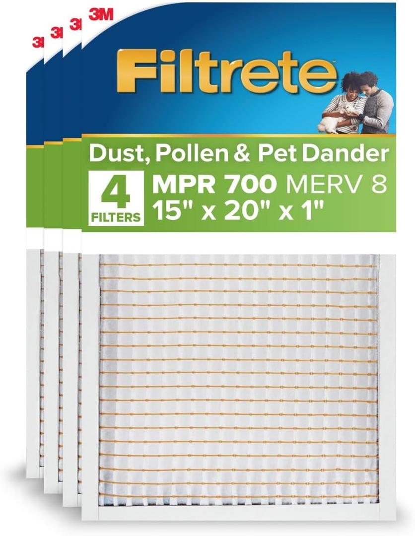 Filtrete 15x20x1 AC Furnace Air Filter, MPR 700, MERV 8, Tough on Pollen, Easy on Airflow, 3-Month Pleated 1-Inch Electrostatic Air Cleaning Filter, 4-Pack (Actual Size 14.81 x 19.81 x 0.81 in)