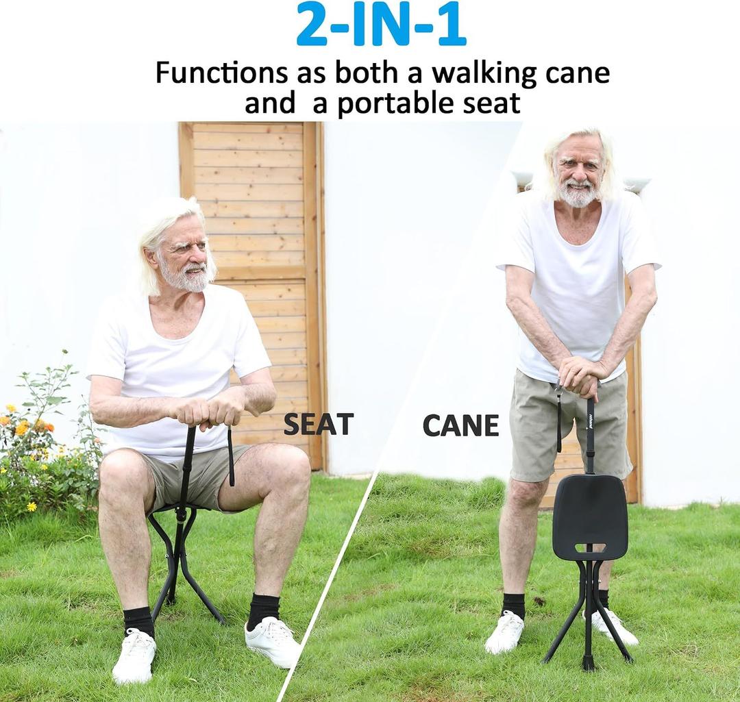 REHAND Walking Cane with Seat,Lightweight Foldable, Adjustable, Collapsible Canes with Stool for Men & Women, Heavy Duty All Terrain Tip, Portable Walking Stick Chair for Seniors & Adults 