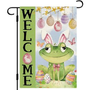 DLZDN Welcome Easter Frog Egg Garden Flag 1218 Inch Double Side Vertical Burlap Farmhouse Yard Sign Spring Holiday Outdoor Decoration