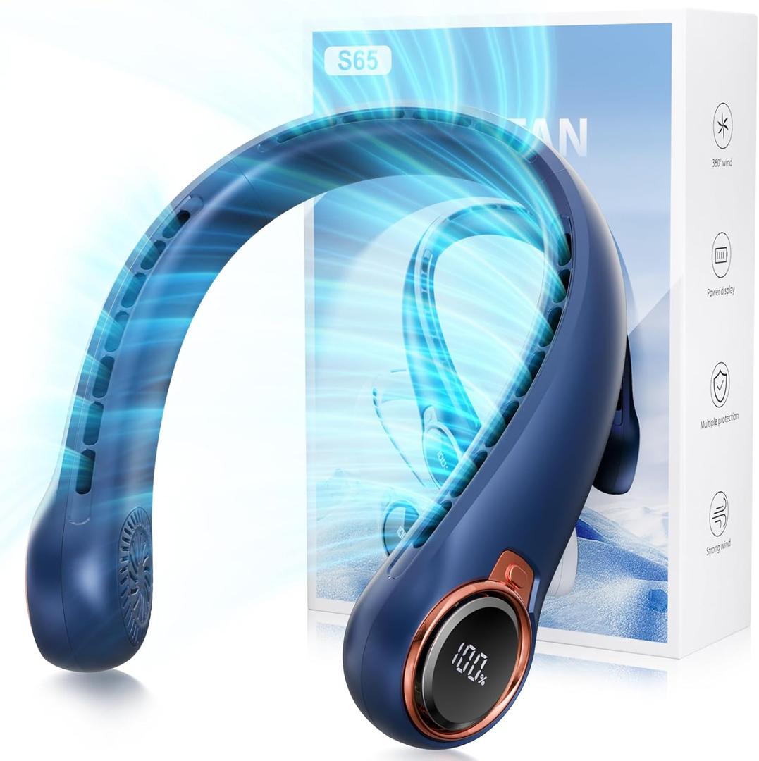 Portable Neck Fan with 6000mAh USB - Rechargeable Battery, 360 Cooling Wearable Fan, 3 Speeds, Ultra-Light Bladeless Neck Fan LED Display (Blue)