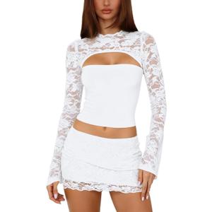 Womens Sexy 2 Piece Mini Skirt Set Long Sleeve Lace Cutout Top Double Lace Mini Bodycon Skirt Y2K Going Out Outfits