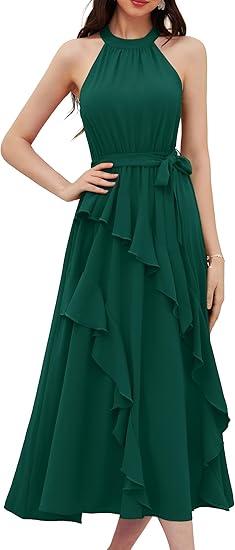 GRACE KARIN Women's 2024 Summer Sleeveless Halter Neck Ruffle Hem Split Flowy Swing Long Midi Dress with Belt Size s ( green )