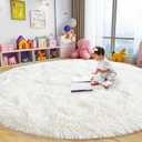 Xexsin Round Fluffy Rugs 5Ft for Girls Bedroom, Cream White Shag Circle Kids Rug Non-Slip for Bedside Dorm Nursery Playroom, Soft Cute Area Rugs for Living Room Decor