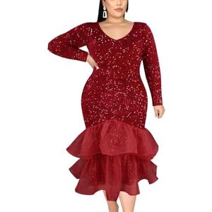 ONTINVA Women Plus Size Sequin Long Short Sleeves Evening Gown Party Long Maxi Dress Black Glitter Mesh Ruffled Mermaid XL