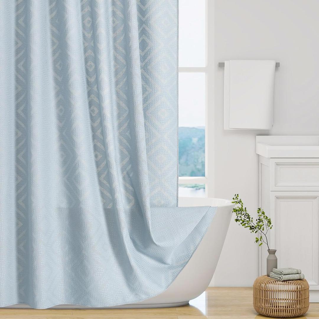 3D Embossed Pattern Shower Curtain, Jacquard Rhomboid Pattern Vintage Bathroom Curtain, Waterproof Fabric Shower Curtains with Hooks,72 x 72, FogBlue