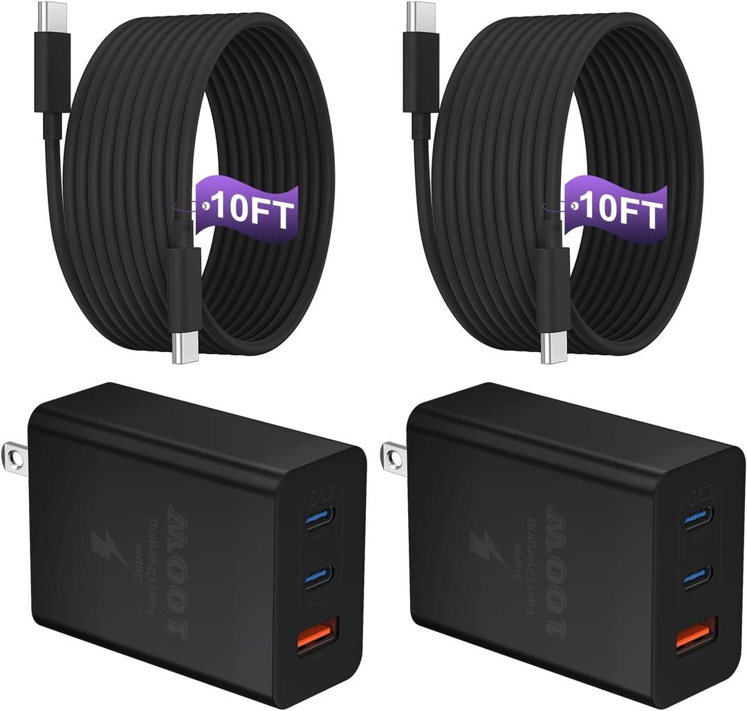 USB C Charger Block 100W, 3Port GaN Super Fast Charger, Type C Wall Charger Adapter with 10ft USB C Charging Cable for MacBook Pro/Air, iPad Pro, iPhone 16/15Pro, Galaxy S24/S23 and More, 2 Pack, Black