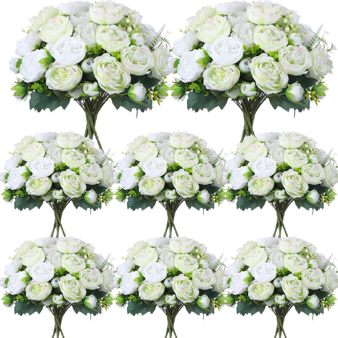 Geosar 8 Bundles Artificial Peonies Flowers Fake Silk Peony Bouquet Faux Peonies Flowers Bulk for Decoration Vase Floral Arrangements Wedding Party Table (White, Green)