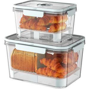 Bread Box for Kitchen Countertop: 2 Pack Airtight Breadbox Food Storage Container, Portable Large Plastic Clear Container with Lid for Homemade Bread, Toast, Bagel, Donut, Cookies and Fruits