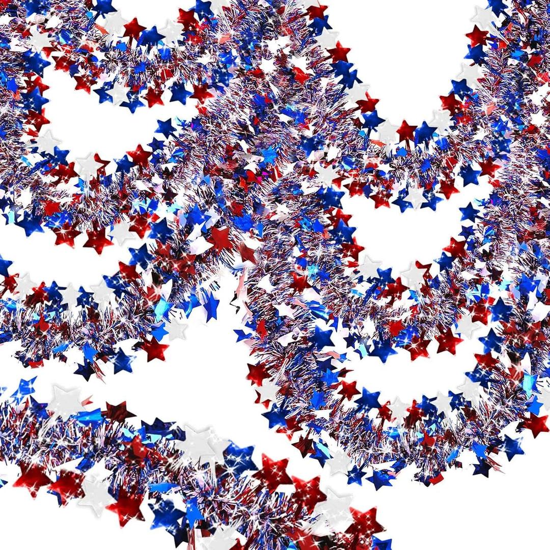 TURNMEON 66 FT Long 4th of July Decorations 4th of July Garland Red White and Blue Garland Patriotic Tinsel Garlands for Red White and Blue Decorations Independence Day Fourth of July Decor