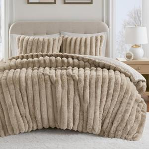 Madison Park Jasmine King Comforter Set, Luxurious Reversible Faux Fur Plush Ribbed Velvet Bedding, Fuzzy Thick Warm Winter Comforter, Super Soft Fluffy 3-Piece Set Taupe
