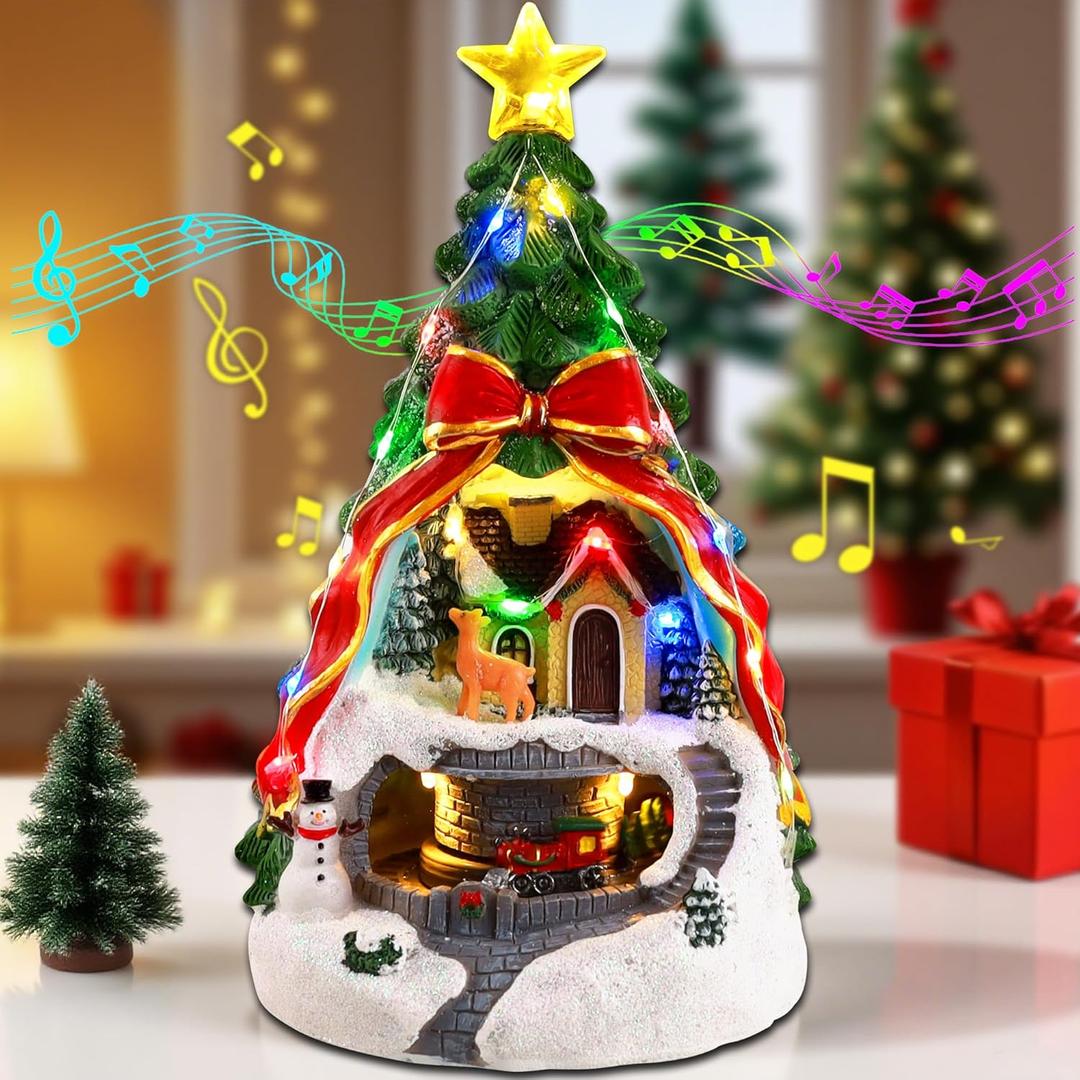 Musical 9.5 in Pre-Lit Artificial Resin Christmas Tree Village Figurines with Spinning Train, Collectibles Statues Architectural Decor, Battery & USB Xmas Holiday Indoor Decor Ornaments Centerpiece