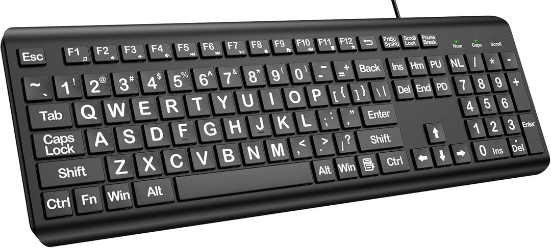 Large Print Computer Keyboard, Wired USB Full Size Quiet Keyboard with 4X Oversized Print Letters for Visually Impaired Low Vision Individuals Easy To See and Type for PC, Laptop,Windows Black Large Print Computer Keyboard, Wired USB Full Size Quiet Keyboard with 4X Oversized Print Letters for Visually Impaired Low Vision Individuals Easy To See and Type for PC, Laptop,Windows Black