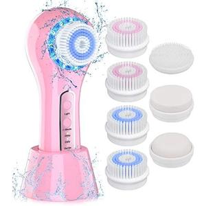 Face Cleansing Brush, CIYOYO Electric Facial Cleaner Brush Red/Blue Light Spin, Rechargeable Waterproof Scrub with 7 Cleanser Heads for Deep Cleaning, Exfoliating, Removing Blackhead, Massaging