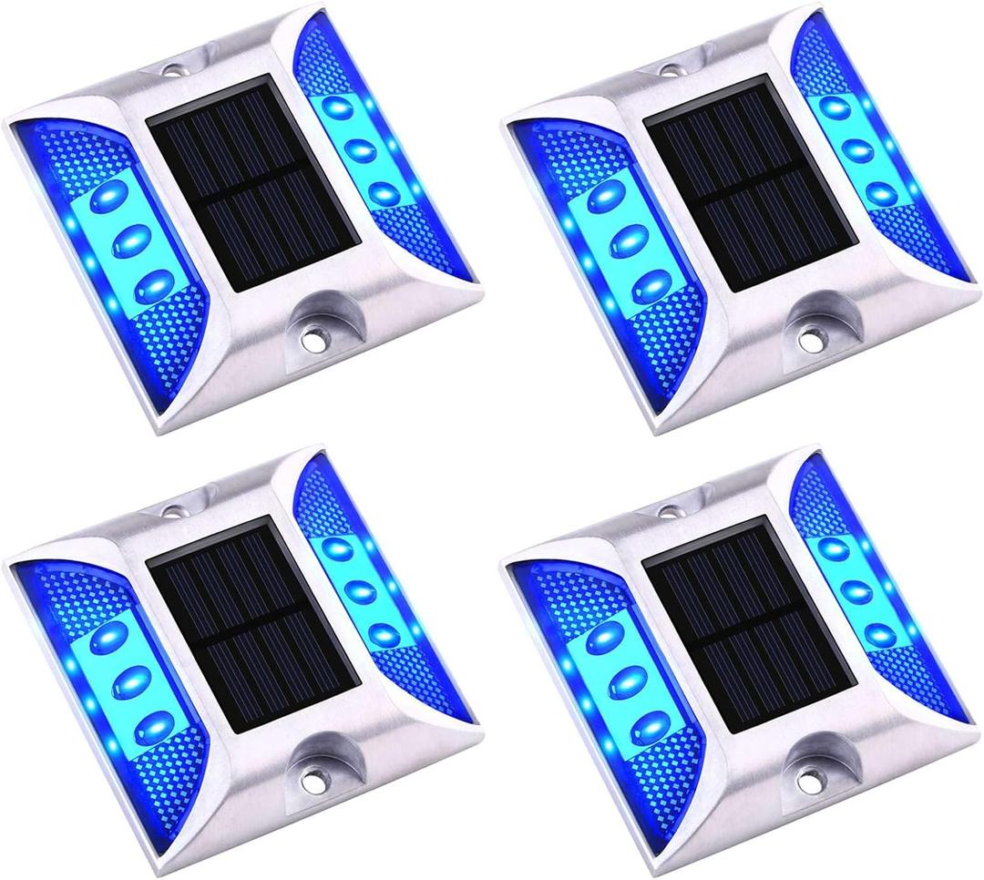 Aolyty Solar Driveway Dock Lights, IP68 Waterproof Solar Deck Light Outdoor Warning Step Lights Reflective Road Marker for Sidewalk Stair Garden Pathway Walkway (4 Pack, Blue)
