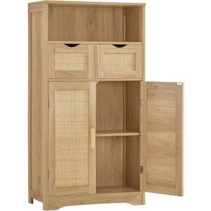 Iwell Storage Cabinet with 2 Drawers & Adjustable Shelves, Rattan Cabinet, Kitchen Pantry Cabinets, Cupboard for Living Room, Kitchen, Home Office, Natural SNG008NR, 42.5"H
