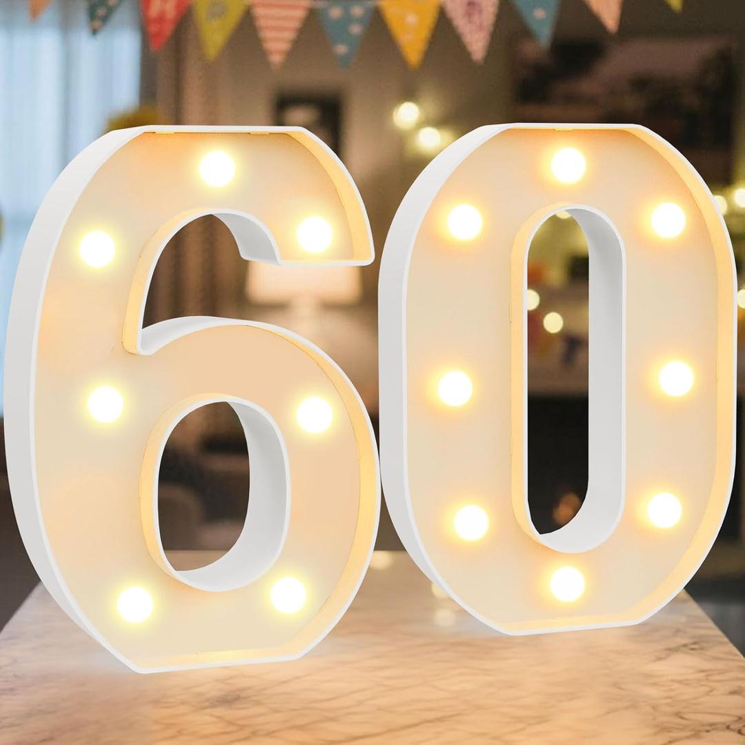 LED Marquee Light Up Numbers Sign - Lighted Birthday Numbers Sign for 60th Birthday Party Decoration, Bar Wall, Home, Table Room, Wedding and Christmas Decorations, Number 60