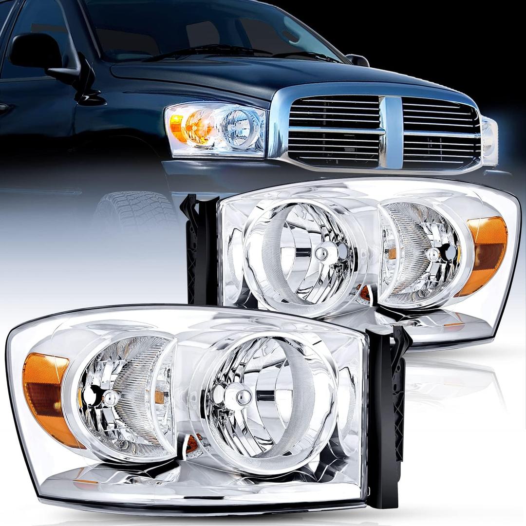 Nilight 2007 2008 2009 Dodge Ram Headlight Assembly 2 Pack Compatible with 2006-2008 Dodge Ram 1500 2006-2009 Dodge Ram 2500 3500 Headlamp Replacement Driver and Passenger Side (Chrome Housing +Amber Reflector)