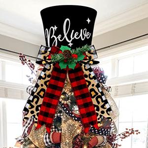 Percozzi Christmas Hat Tree Topper Top Buffalo Plaid with Black and Red Check Bows Xmas Believe Ornament Winter Holiday Home Decoration Wreath Festive Gift Ideas Supplies