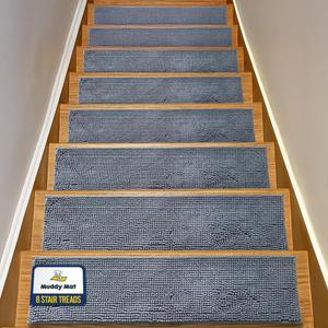 Muddy Mat Pack of 8 - Soft Chenille Stair Treads Non-Slip Reusable, Super Absorbent Stair Treads for Wooden Steps, Tile & Marble Floor, Easy to Install & Machine Washable - Grey 30'' x 7''