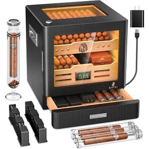 XIFEI Cigar Humidor Cabinet, Glass Top Humidors with Adjustable LED Lighting, Acrylic & Glass Tube, Digital Hygrometer, 2 Humidifiers, Cedar Wood Humidor with Accessory Drawer for Gifts