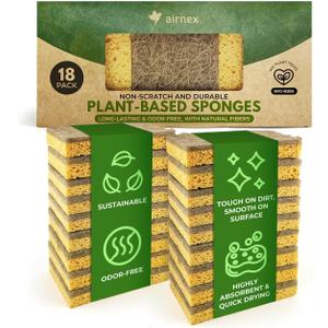 Natural Kitchen Sponges Pack of 18 - Biodegradable Cellulose and Coconut Husk Walnut Scrubbers - Odor Free Non Scratch - Eco Friendly Quick Drying Dishwashing Sponges