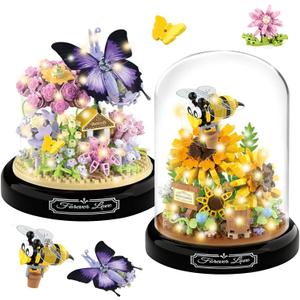 VZZNN 2 Pack Flower Bouquet Building Sets with LED Lighting,Animals Flowers Botanical Collection Mini Building Blocks Set, Valentine's Day for Her Mom Women Wife Girlfriend(Bee,Butterfly)