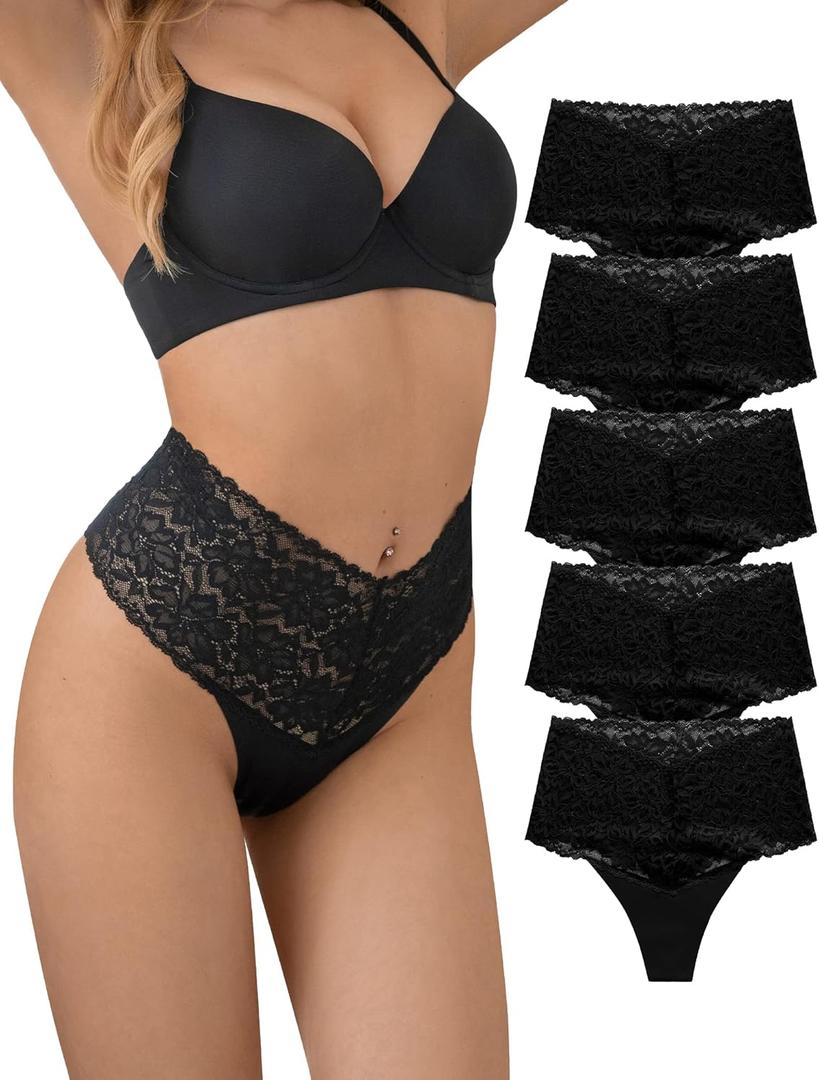 SHARICCA Women Seamless High Waist Underwear Sexy Floral Lace Thong Soft Comfortable Panties Pack (Large, 5 Black)
